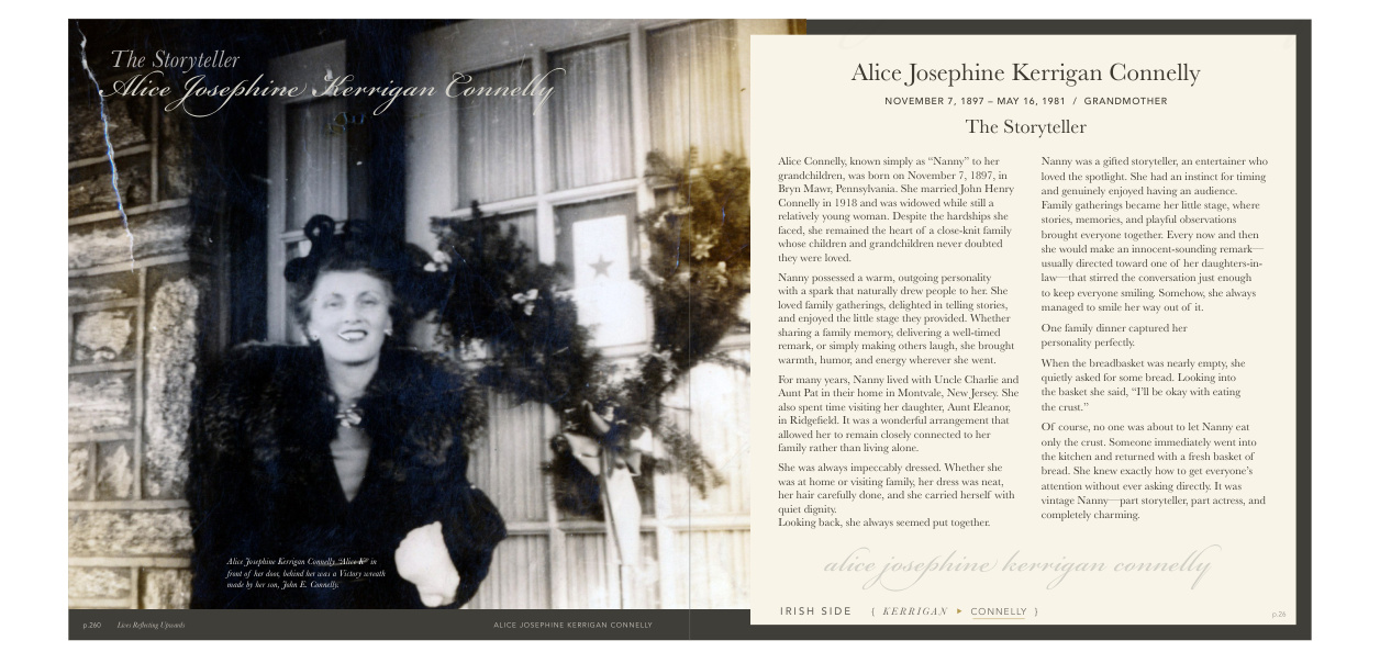 Alice portrait spread with layered photographic background