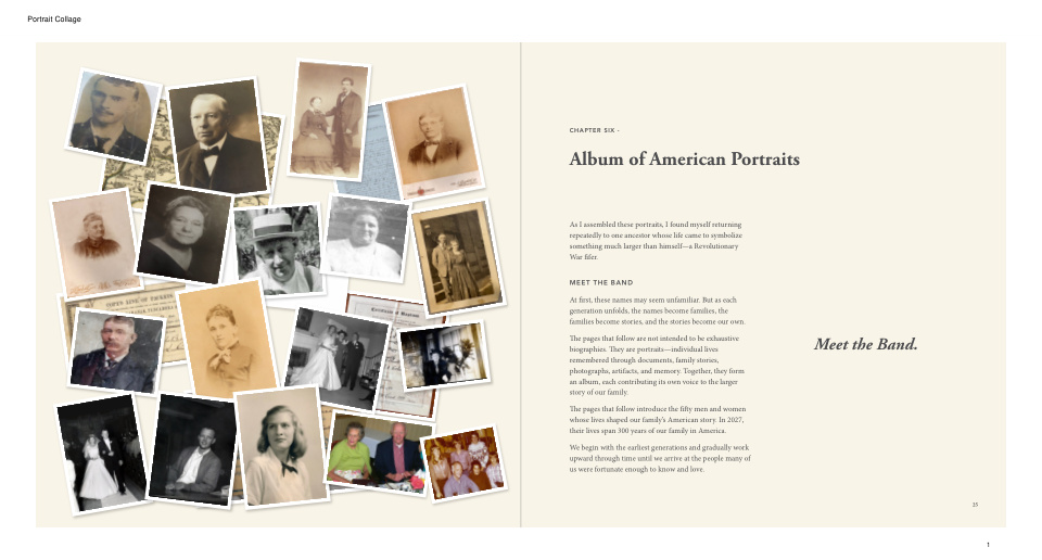 Chapter Six portrait collage beside Album of American Portraits